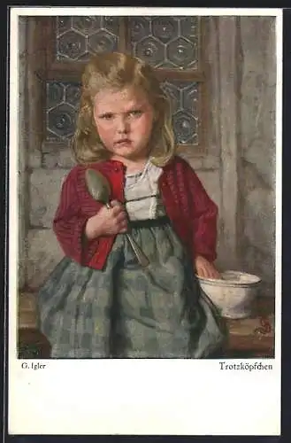 Künstler-AK Wohlgemuth & Lissner, Primus-Postkarte No. 5082, Trotzköpfchen, blondes Mädchen mit Löffel und Schüssel