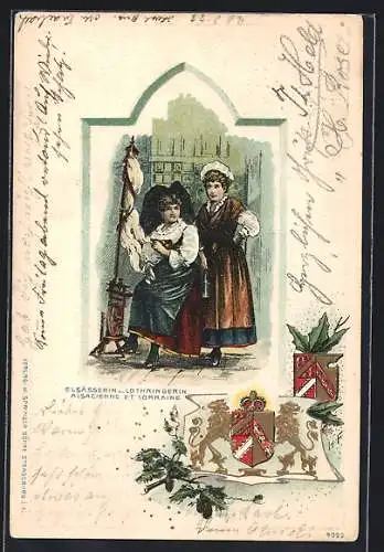 Passepartout-Lithographie Frauen in elsass-lothringische Tracht am Spinnrad, Wappen