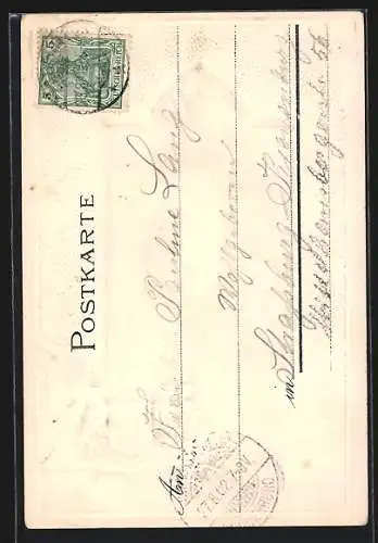 Passepartout-Lithographie Frauen in elsass-lothringische Tracht am Spinnrad, Wappen