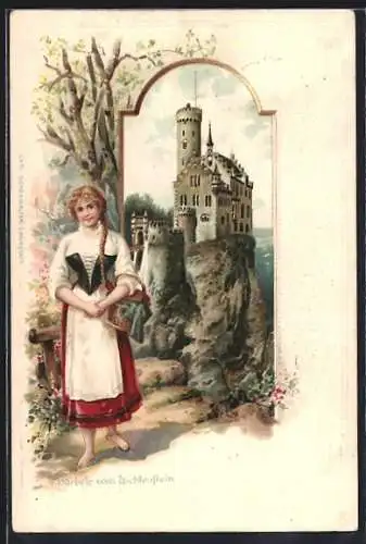 Passepartout-Lithographie Lichtenstein, Burg, junges Fräulein trägt Korsett über dem Kleid