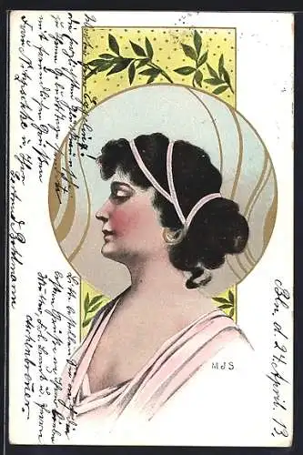 Künstler-AK Dunkelhaarige Dame mit rosa Band im Haar, Jugendstil