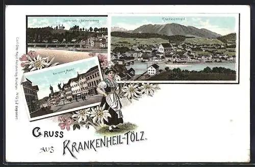 Lithographie Krankenheil-Tölz, oberer Markt, Isarbrücke & kalvarienberg, Ortsansicht