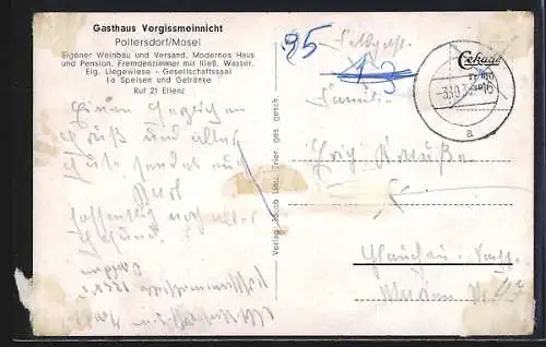 AK Poltersdorf /Mosel, Gasthaus Vergissmeinnicht und Totalansicht