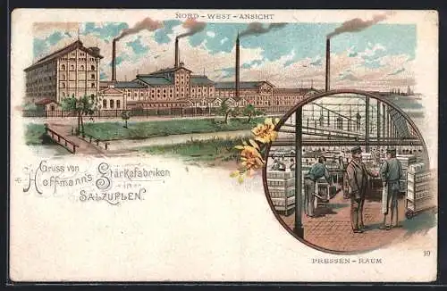 Lithographie Salzuflen, Hoffmann`s Stärkefabriken, Nord-West-Ansicht, Pressen-Raum