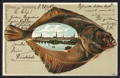 Passepartout-Lithographie Hamburg-Neustadt, Ausblick auf die Lombardsbrücke, Fisch