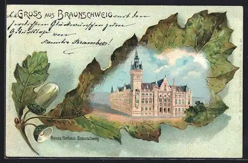 Passepartout-Lithographie Braunschweig, Neues Rathaus im Eichenblatt