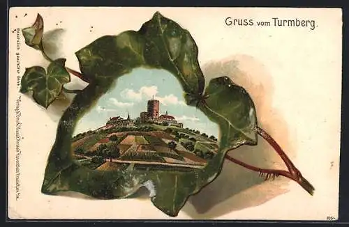 Lithographie Durlach, Gruss vom Turmberg, Ansicht der Turmberg-Ruine im Blatt