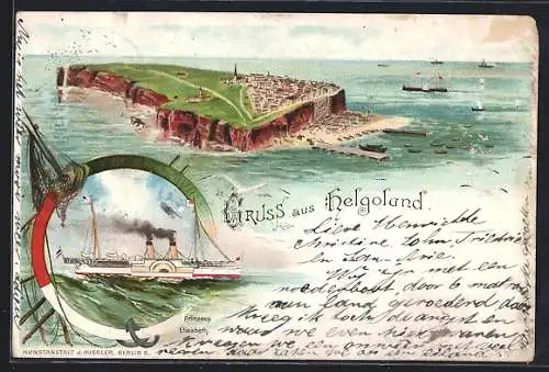 Lithographie Helgoland, Dampfer Prinzess Elisabeth mit Insel-Panorama