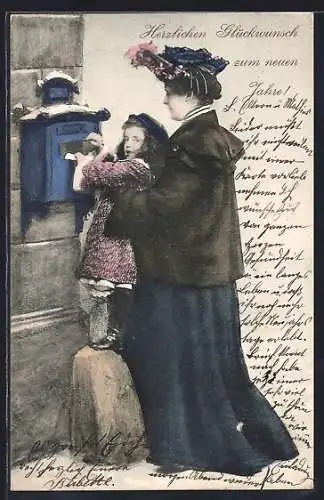 AK Geburtstagsgrüsse.Mutter und Tochter werfen einen Brief ein