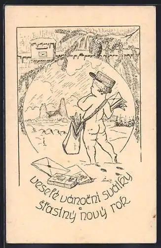 Künstler-AK Nackter kleiner Briefträger schaut auf eine Ruine