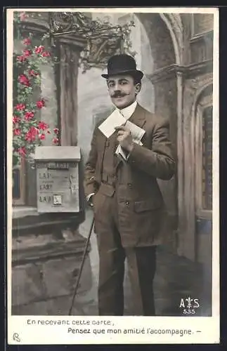 AK Mann mit Gehstock, Melone und Briefen