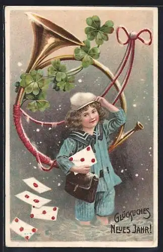 AK JungerBriefträger vor einem Posthorn, Neujahrskarte