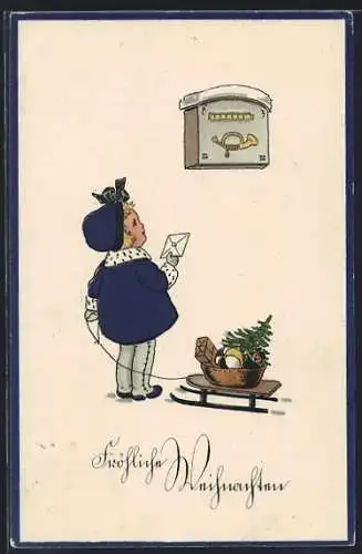 AK Kleines Mädchen vor einem zu hoch angebrachten Briefkasten