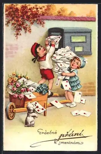 AK Zwei Kinder mit einer Schubkarre voll Briefen am Briefkasten