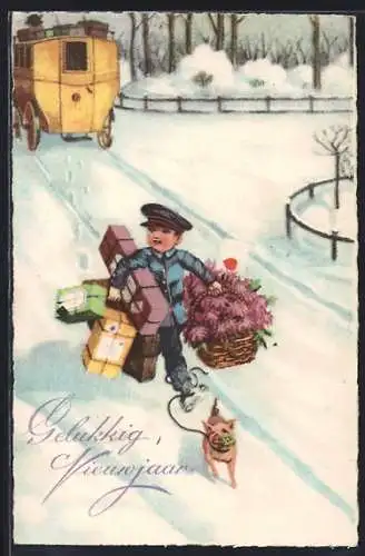 Künstler-AK Kleiner Briefträger mit Paketen und Glücksschwein im Winter