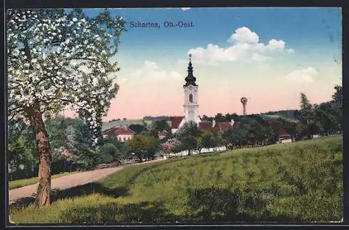 AK Scharten, Teilansicht mit Kirchturm