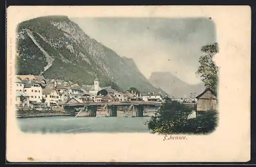 AK Ebensee, Uferpartie mit Kirche