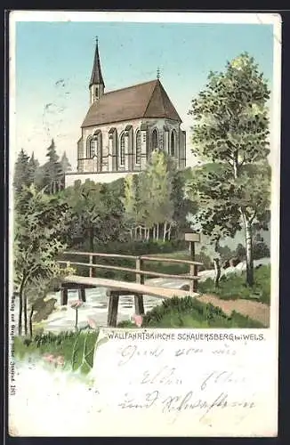 Lithographie Wels, Wallfahrtskirche Schauersberg mit Flusspartie