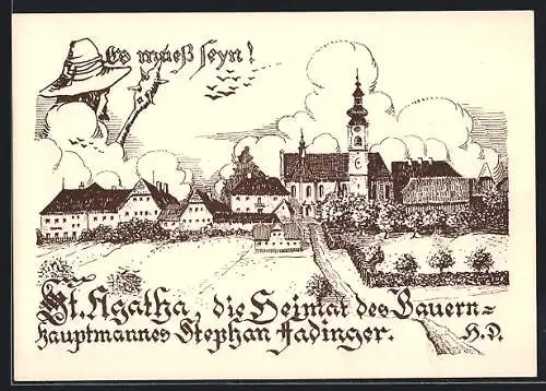 AK St. Agatha, Ortsansicht mit Kirche, Hauptmann Stephan Fadinger