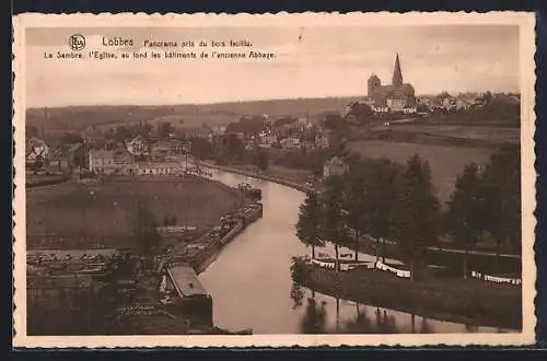 AK Lobbes, Panorama pris du bois feuillu, La Sambre, l`Eglise, au fond les bâtiments de l`ancienne Abbaye