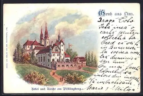 Künstler-AK Linz, Hotel und Kirche am Pöstlingberg