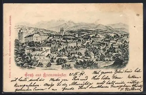 Lithographie Kremsmünster, Teilansicht mit Kirche