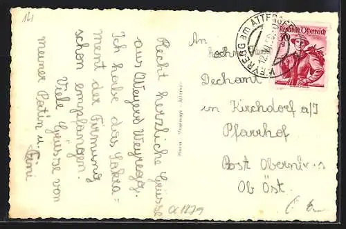 AK Weyregg a. Attersee, Ortspanorama mit Gebirge