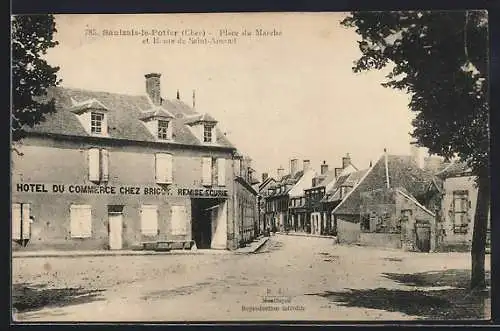 AK Saulzais-le-Potier, Place du Marché et Route de Saint-Amand avec Hôtel du Commerce