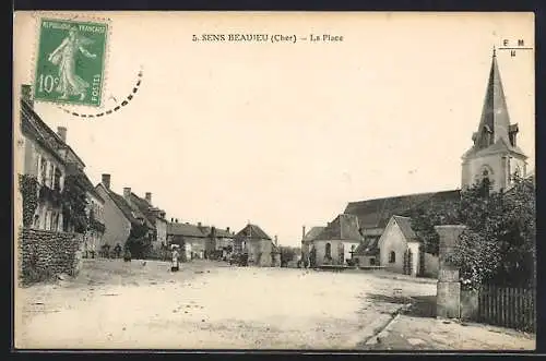 AK Sens-Beaujeu, La Place avec église et maisons typiques