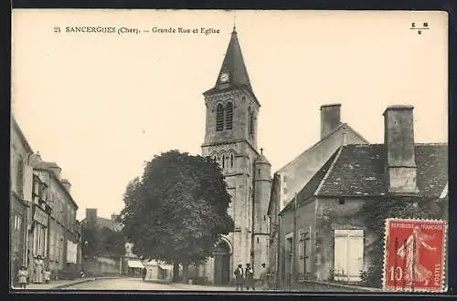 AK Sancergues, Grande Rue et Église
