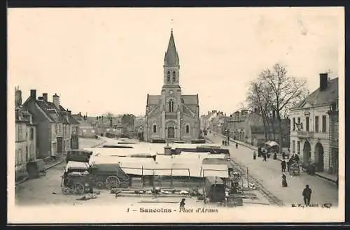 AK Sancoins, Place d`Armes avec église et marché animé