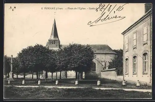 AK Vornay, Place de l`Église, École et église du village