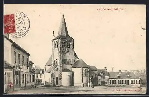 AK Augy-sur-Aubois, Église et place centrale du village