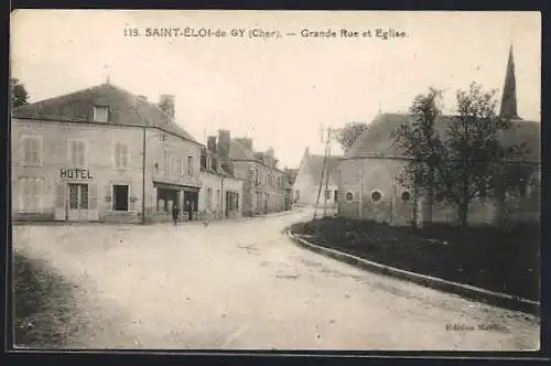AK Saint-Éloi-de-Gy, Grande Rue et Église