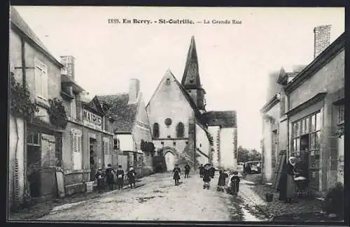 AK Saint-Outrille, La Grande Rue avec église et habitants en Berry