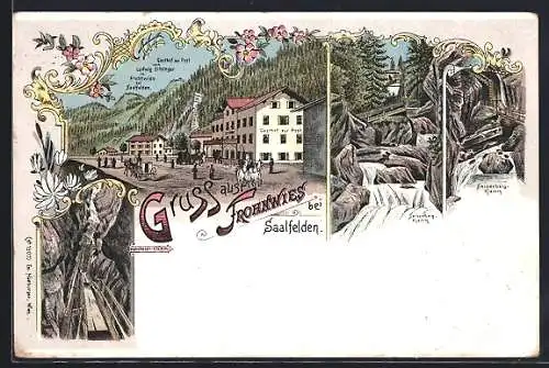 Lithographie Weissbach bei Lofer, Frohnwies, Gasthof zur Post, Seisenberg-Klamm, Vorderkaser Klamm