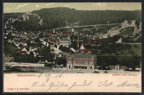AK Blaubeuren, Gesamtansicht mit Bahnhof und ausfahrendem Personenzug mit Dampflokomotive