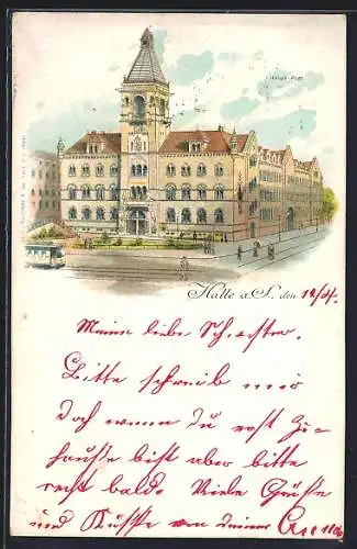 Lithographie Halle a. S., Strassenbahnpassiert die Hauptpost