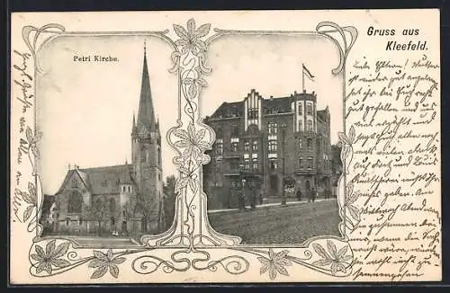 AK Kleefeld, Geschäftshaus /Turmgebäude mit Strasse, Petri Kirche, Florale Ornamente