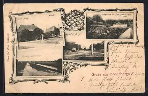 AK Cadenberge, Feils Hotel mit Kirche, Rosengarten des Gräfl. Bremerschen Gutes, Weg auf die Berge, Ornament-Rahmen