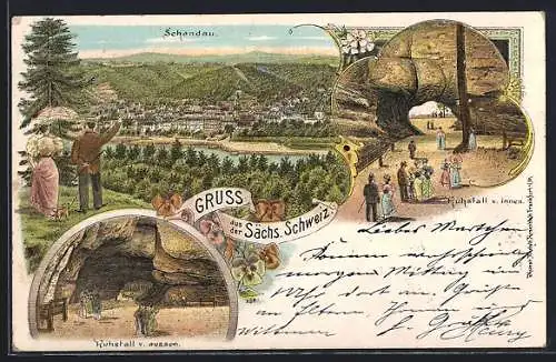 Lithographie Schandau /Sächs. Schweiz, Teilansicht, Kuhstall von innen und aussen