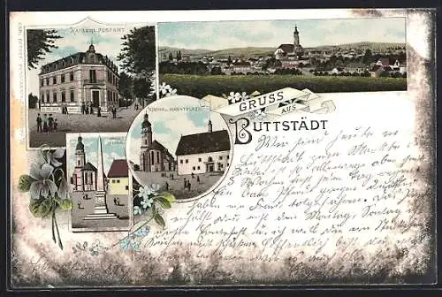 Lithographie Buttstädt, Ortspartie mit Kriegerdenkmal, Kirche u. Marktplatz, Postamt, Gesamtansicht, Veilchen