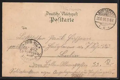 Lithographie Buttstädt, Ortspartie mit Kriegerdenkmal, Kirche u. Marktplatz, Postamt, Gesamtansicht, Veilchen