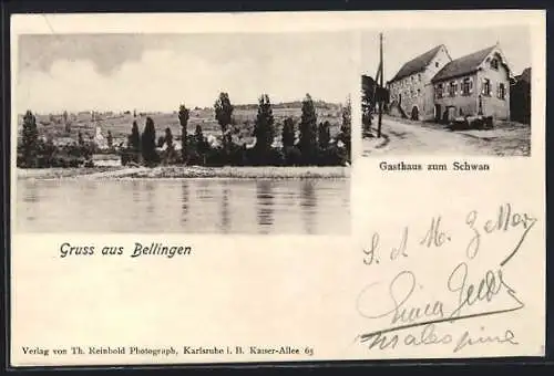 AK Bellingen, Gasthaus zum Schwan, Ortspanorama vom Wasser aus