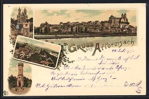 Lithographie Breisach, Altbreisach, Tullaturm, Wehrturm mit Kirche, Teilansicht, Panorama vom Wasser