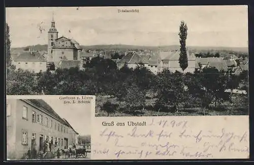 AK Ubstadt, Gasthaus z. Löwen L. Schenk mit kleiner Versammlung u. Fuhrwerk, Totalansicht mit Kirche