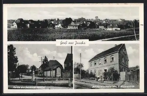 AK Jaucha, Bäckerei und Materialwarengeschäft, Partie am Denkmal 1870-71, Teilansicht