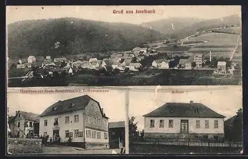 AK Isselbach, Gasthaus zur Stadt Montabaur C. Hennemann, Schule, Gesamtansicht