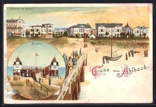 Lithographie Ahlbeck / Ostseebad, Strand mit Villen, Brücke