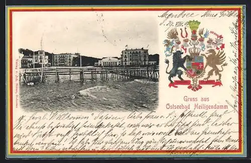 Passepartout-Lithographie Heiligendamm /Ostsee, Seesteg mit Gebäudepanorama, Wappen